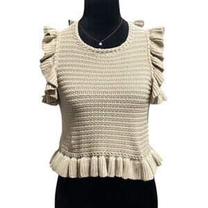 Tan Knit Short Sleeve Sweater with Ruffle Accents – Petite – EUC